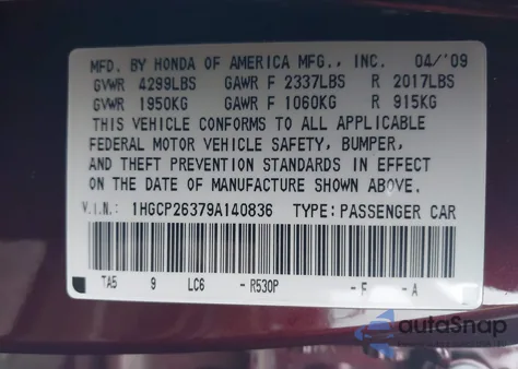 2009 Honda Accord Lx z USA, uszkodzony, nr VIN 1HGCP26379A140836